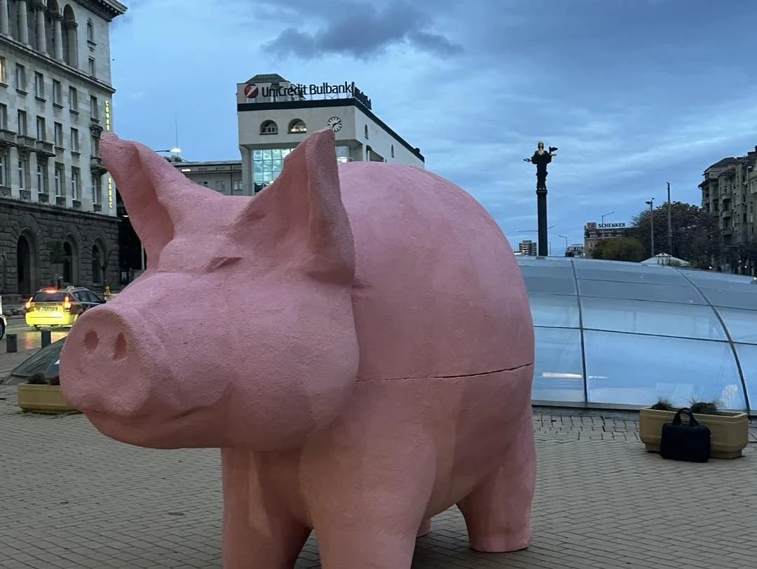 Членове и симпатизанти на Продължаваме промяната поставиха прасе касичка пред сградата