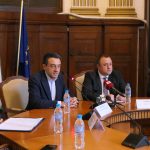 министърът на иновациите и растежа Даниел Лорер на брифинг съвместно с министъра на земеделието Иван Иванов и изпълнителните директори на ББР Владимир Георгиев и Цанко Арабаджиев.