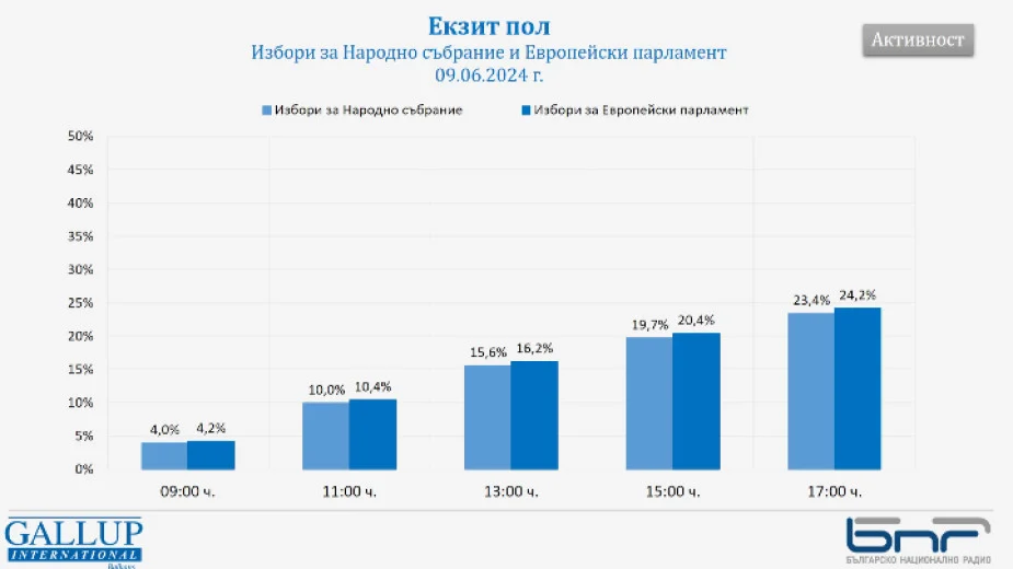"Галъп" за активността към 17 часа: 23% за парламентарните избори и 24% за европейските