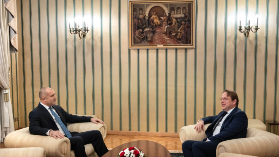 Президентът Румен Радев (вляво) и еврокомисарят по разширяването Оливер Вархеи