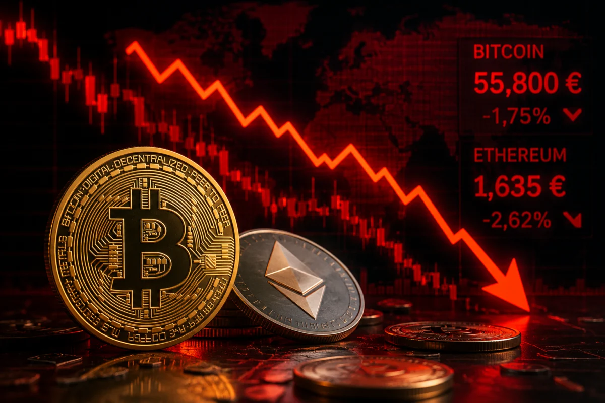 Биткойнът падна под 56 000 евро, криптопазарът е под натиск