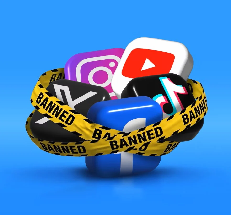 cluster of 3d social media icons including instagram youtube tiktok facebook and x wrapped in yellow caution tape reading banned against a blue background