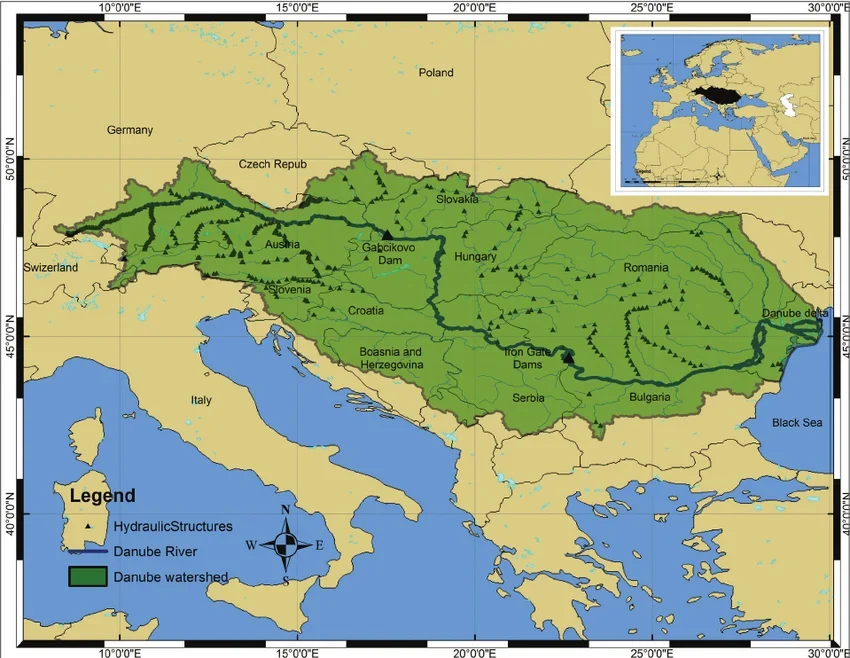 geographic location of the danube watershed shaded and its extent within the european