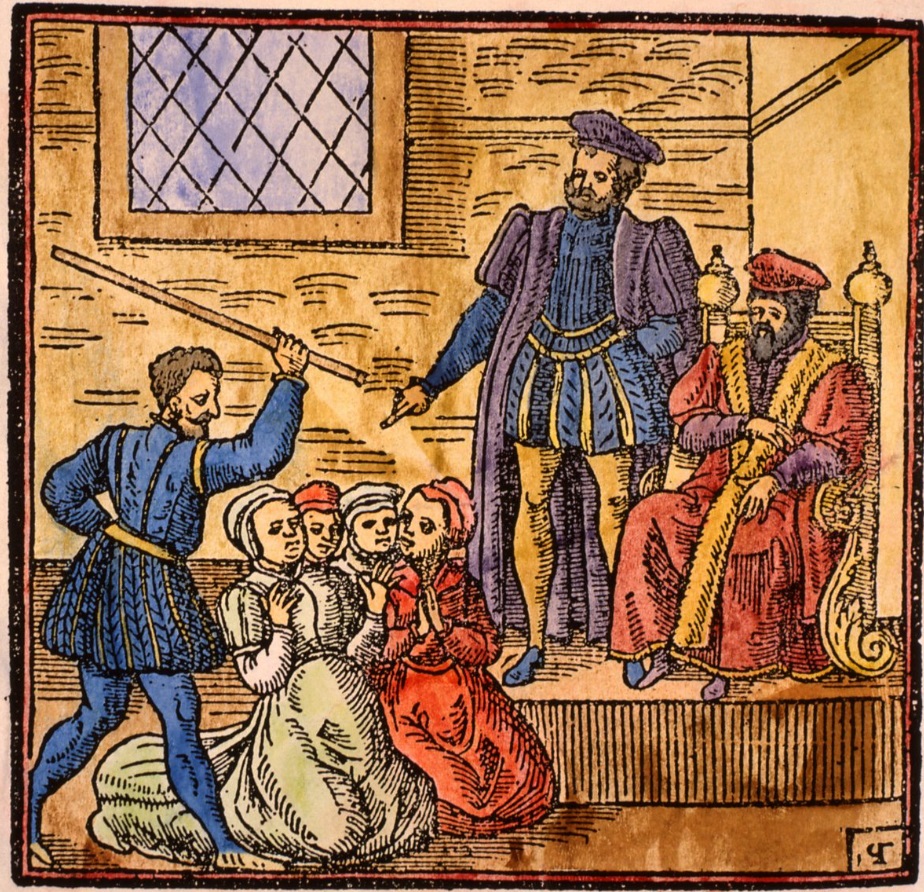 Крал Джеймс I осъжда вещиците в Северен Берик, Шотландия, гравюра от XVI век.