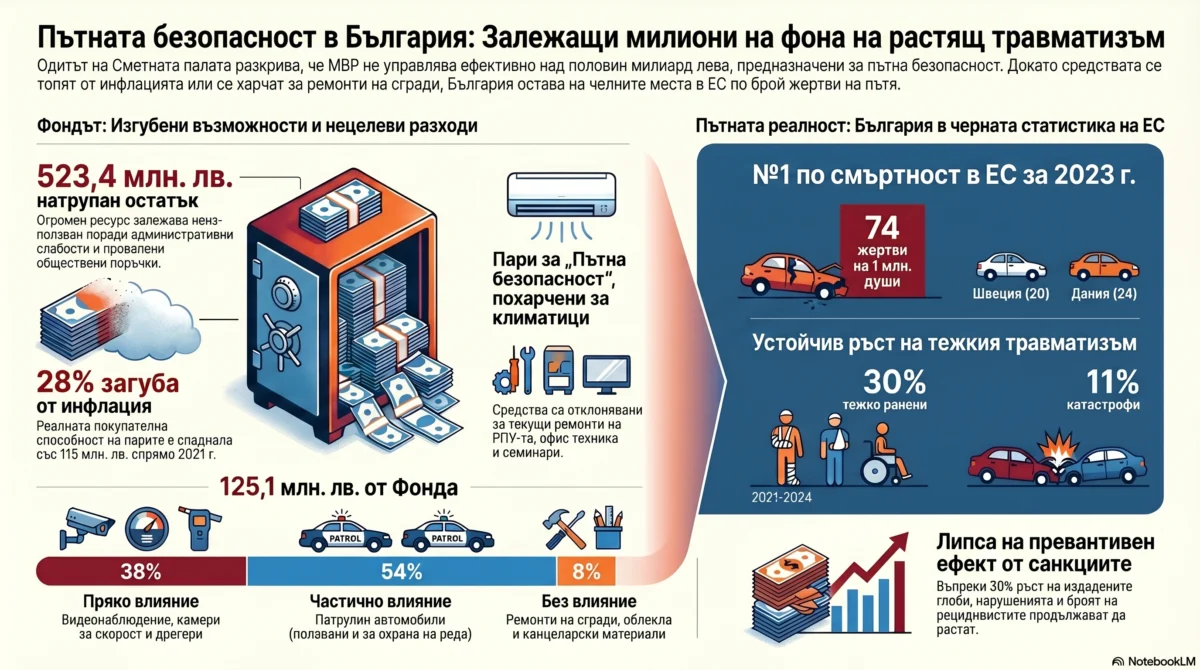 Над 500 млн. лева във Фонда за безопасност на движението стоят неизползвани, показва одит на Сметната палата