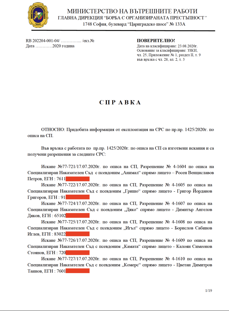 Подслушването за преврат: Разговори между Дучето и Борисов. Следени са човек на Пеевски и журналист от BIRD 2 spravka mvr srs